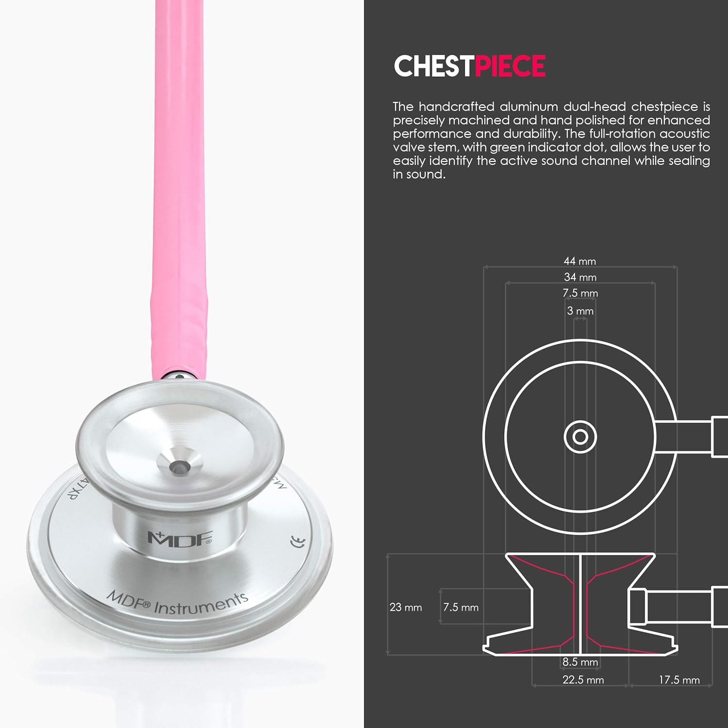 MDF Instruments, Acoustica Lightweight Stethoscope For Doctors, Nurses, Students, Home Health Use, Adult, Dual Head, Pink Tube, Silver Chestpiece-Headset, MDF747XP01,