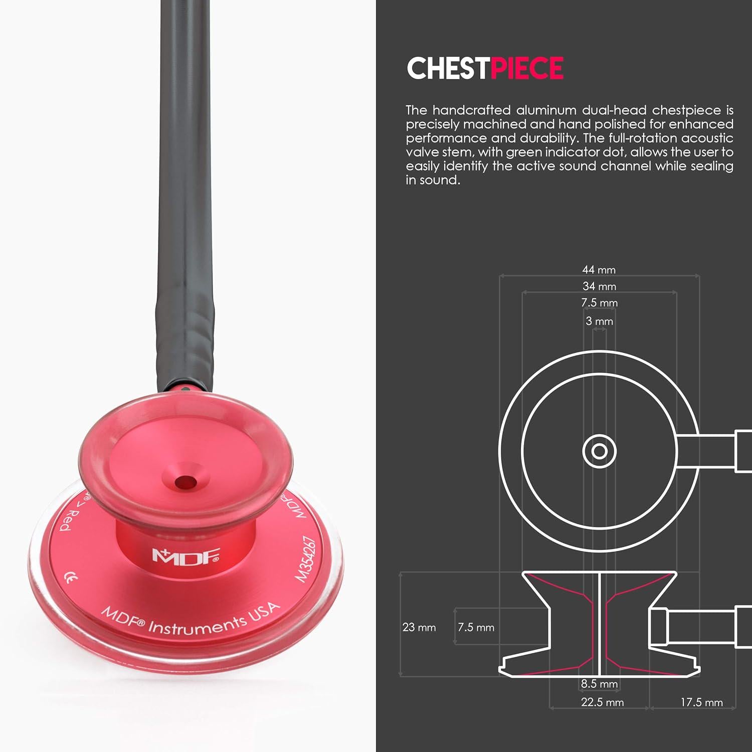 MDF Instruments, Acoustica Lightweight Stethoscope For Doctors, Nurses, Students, Home Health Use, Adult, Dual Head, Black Tube, Red Chestpiece-Headset, MDF747XPR11,