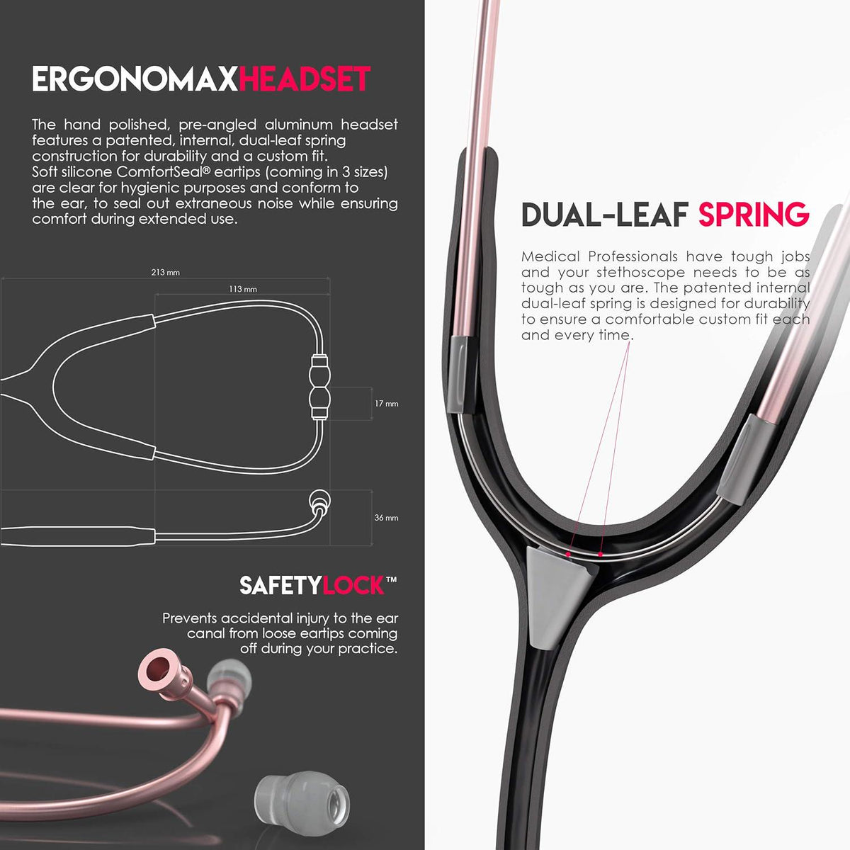 MDF Instruments, Acoustica Lightweight Stethoscope For Doctors, Nurses, Students, Home Health Use, Adult, Dual Head, Black Tube, Rosegold (Matte Finish) Chestpiece-Headset, MDF747XPRG11,