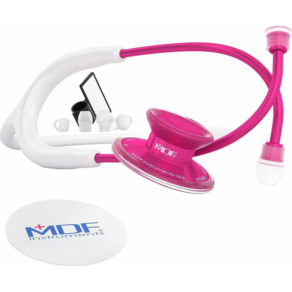 MDF Instruments, Acoustica Lightweight Stethoscope For Doctors, Nurses, Students, Home Health Use, Adult, Dual Head, White Tube, Pink Alloy Chestpiece-Headset, MDF747XPPA29,