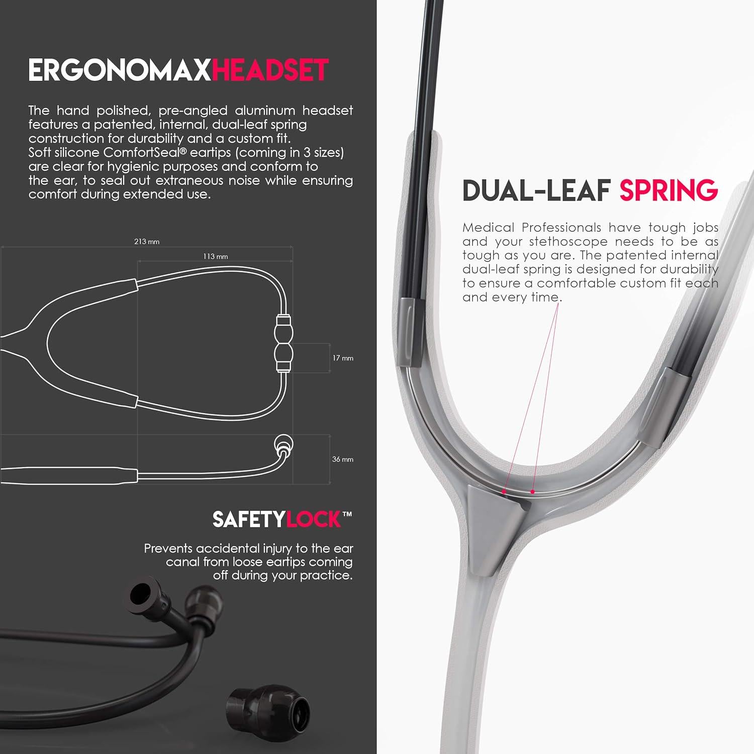MDF Instruments, Acoustica Lightweight Stethoscope For Doctors, Nurses, Students, Home Health Use, Adult, Dual Head, White Tube, Black Chestpiece-Headset, MDF747XPBO29,