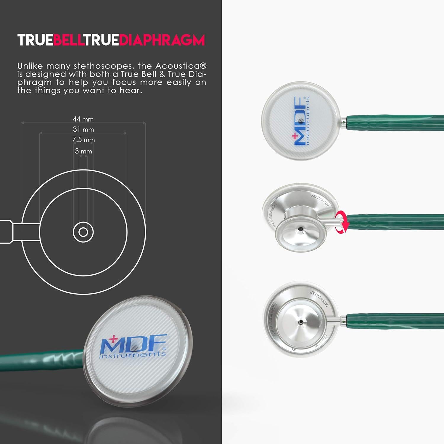 MDF Instruments, Acoustica Lightweight Stethoscope For Doctors, Nurses, Students, Home Health Use, Adult, Dual Head, Dark Green Tube, Silver Chestpiece-Headset, MDF747XP09,