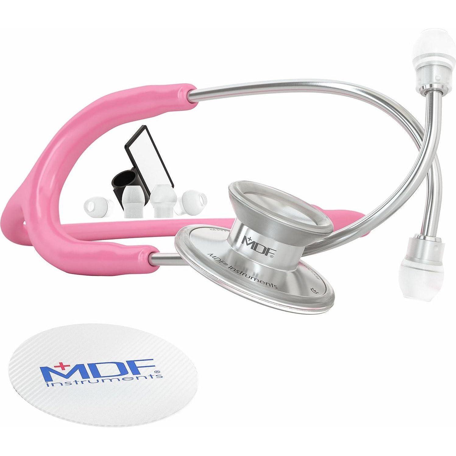 MDF Instruments, Acoustica Lightweight Stethoscope For Doctors, Nurses, Students, Home Health Use, Adult, Dual Head, Pink Tube, Silver Chestpiece-Headset, MDF747XP01,
