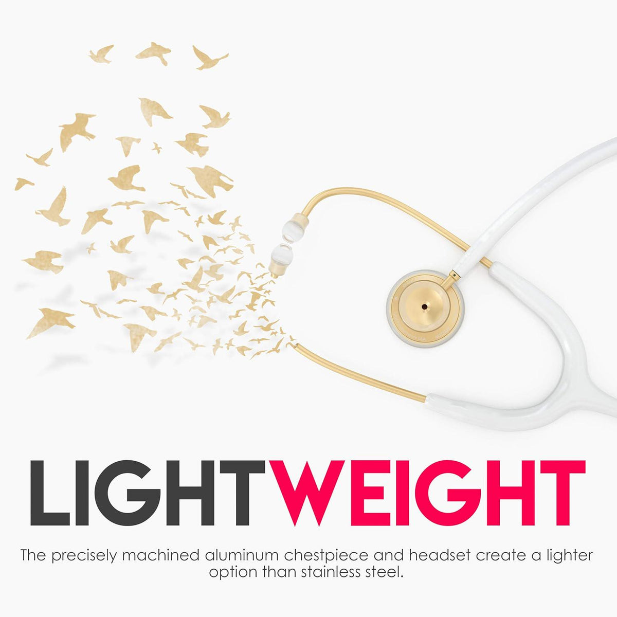 MDF Instruments, Acoustica Lightweight Stethoscope For Doctors, Nurses, Students, Home Health Use, Adult, Dual Head, White Tube, Gold Chestpiece-Headset, MDF747XPK29,