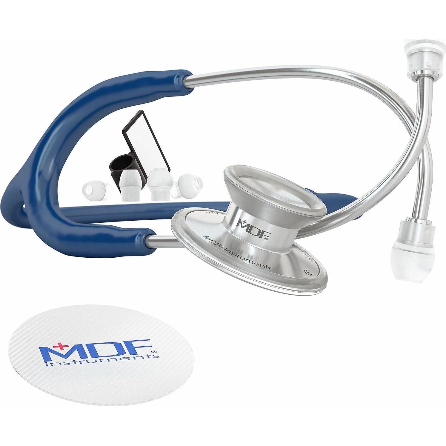 MDF Instruments, Acoustica Lightweight Stethoscope For Doctors, Nurses, Students, Home Health Use, Adult, Dual Head, Navy Blue Tube, Silver Chestpiece-Headset, MDF747XP04,