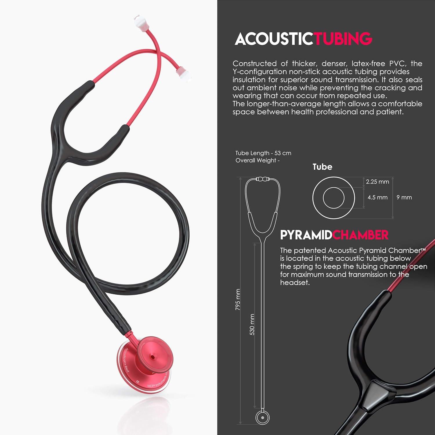 MDF Instruments, Acoustica Lightweight Stethoscope For Doctors, Nurses, Students, Home Health Use, Adult, Dual Head, Black Tube, Red Chestpiece-Headset, MDF747XPR11,