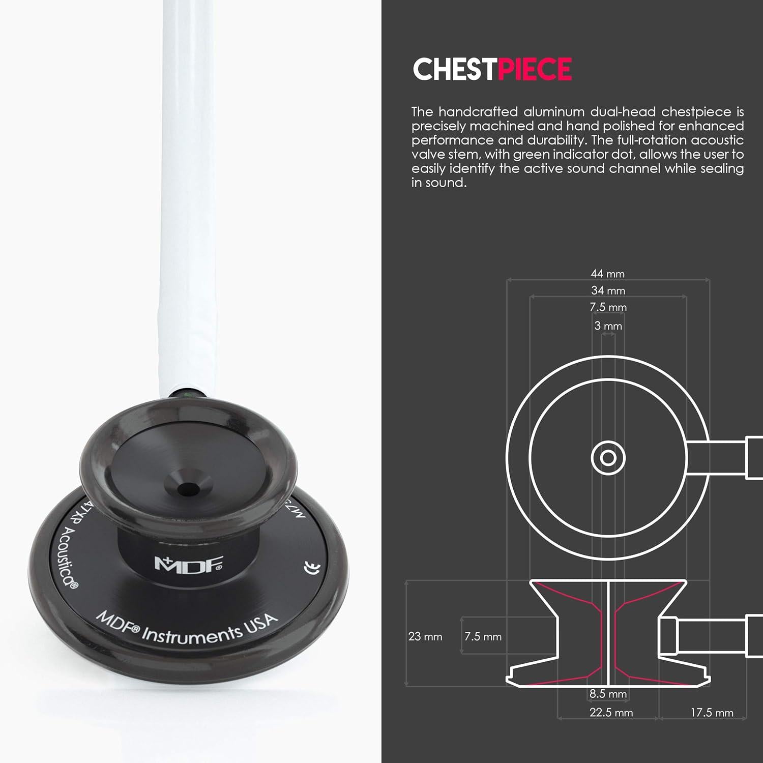 MDF Instruments, Acoustica Lightweight Stethoscope For Doctors, Nurses, Students, Home Health Use, Adult, Dual Head, White Tube, Black Chestpiece-Headset, MDF747XPBO29,