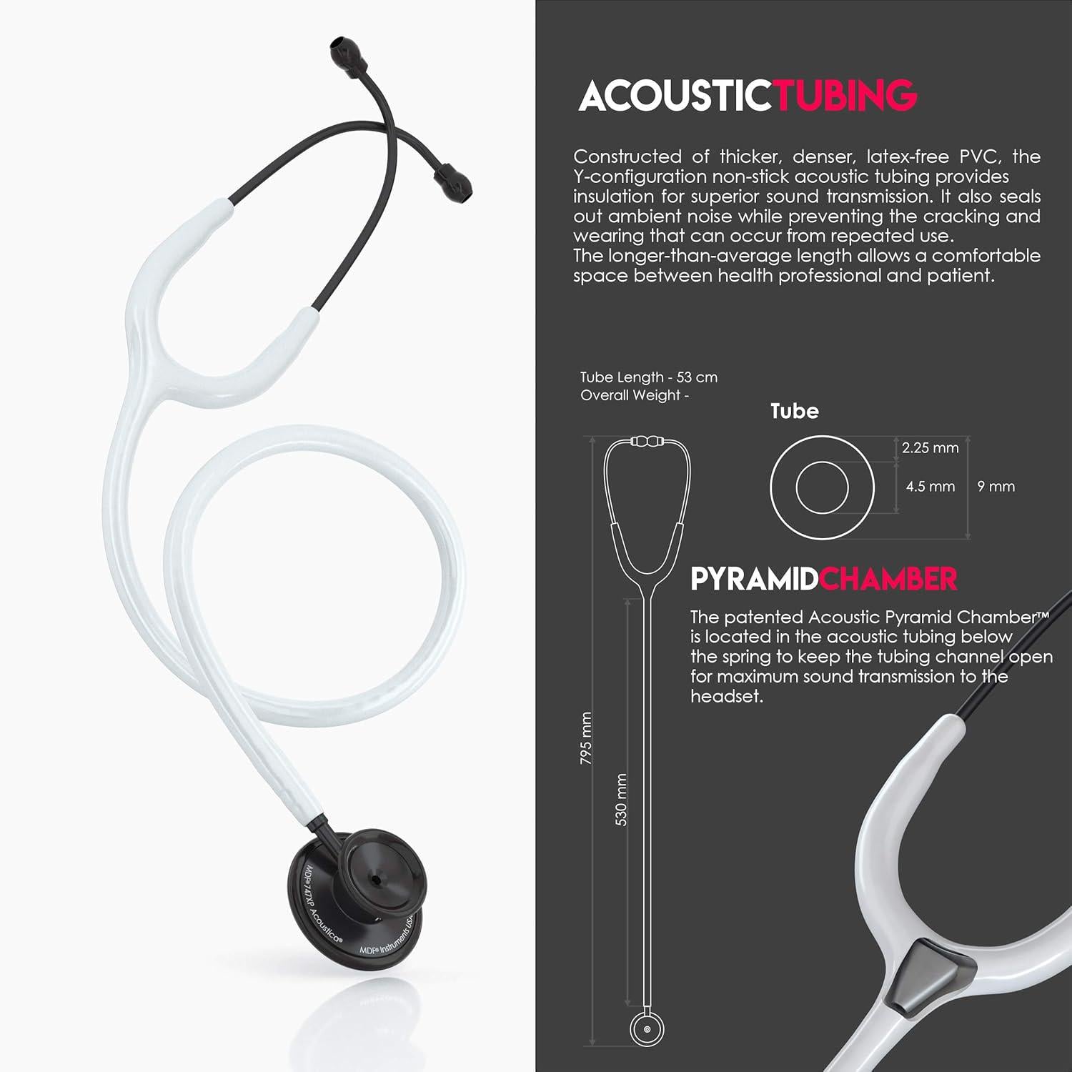MDF Instruments, Acoustica Lightweight Stethoscope For Doctors, Nurses, Students, Home Health Use, Adult, Dual Head, White Tube, Black Chestpiece-Headset, MDF747XPBO29,