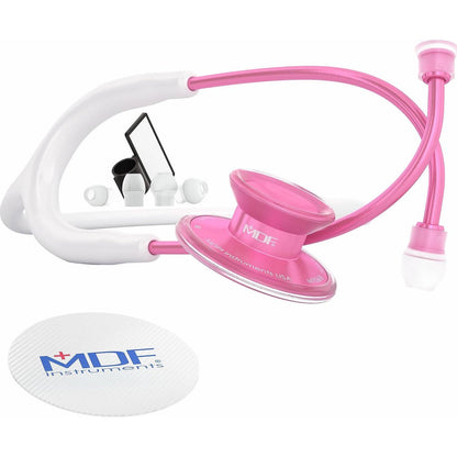 MDF Instruments, Acoustica Lightweight Stethoscope For Doctors, Nurses, Students, Home Health Use, Adult, Dual Head, White Tube, Pink Pinkore Chestpiece-Headset, MDF747XPPO29,