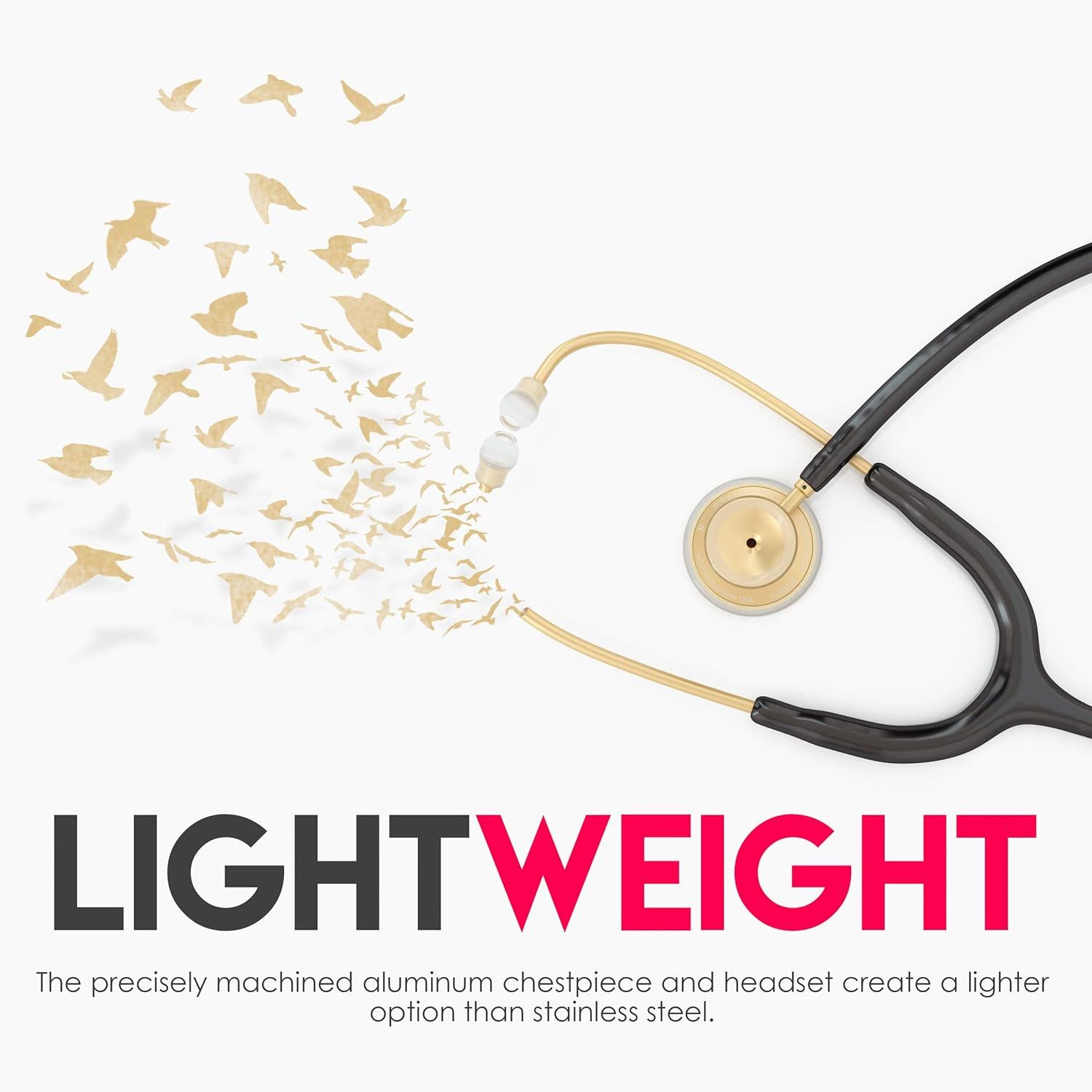 MDF Instruments, Acoustica Lightweight Stethoscope For Doctors, Nurses, Students, Home Health Use, Adult, Dual Head, Black Tube, Gold Chestpiece-Headset, MDF747XPK11,