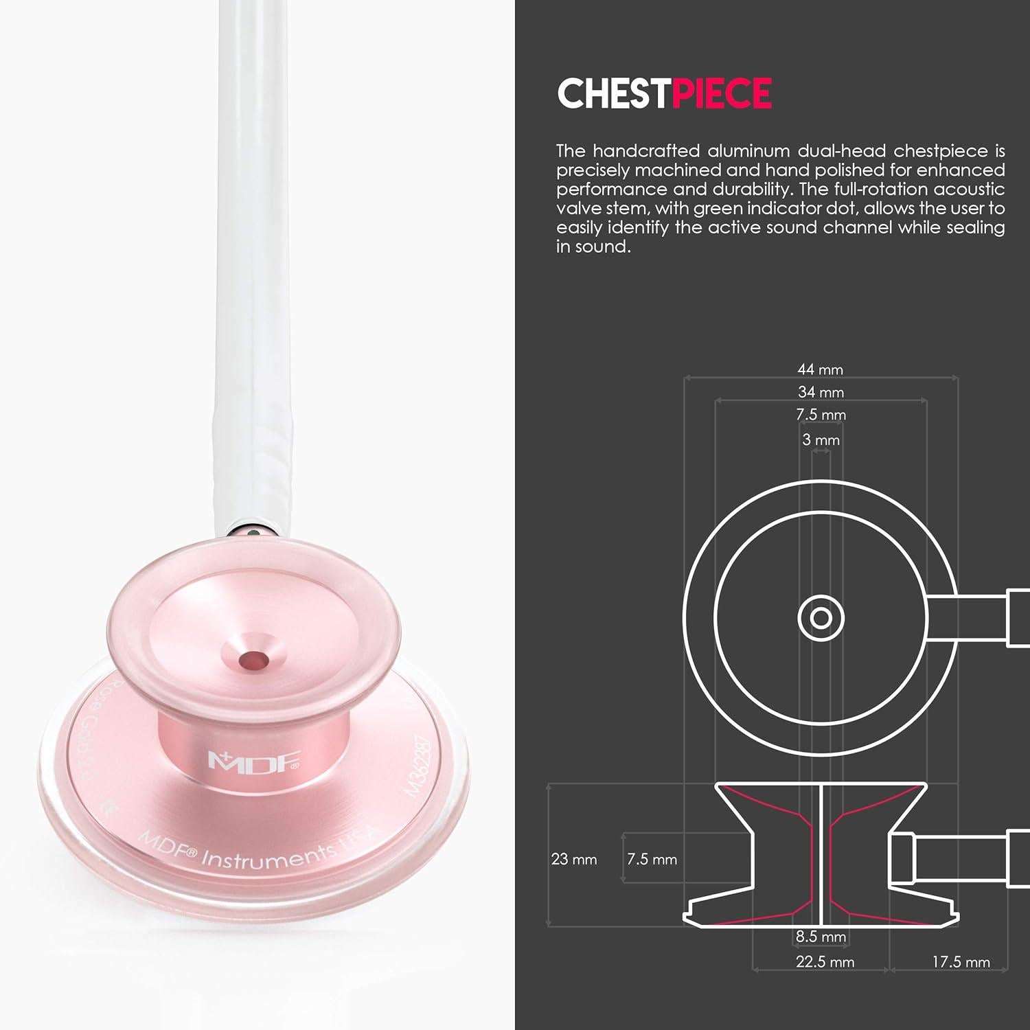 MDF Instruments, Acoustica Lightweight Stethoscope For Doctors, Nurses, Students, Home Health Use, Adult, Dual Head, White Tube, Rosegold (Matte Finish) Chestpiece-Headset, MDF747XPRG29,