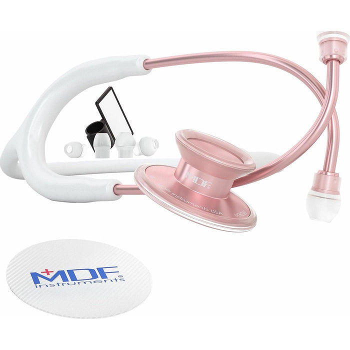 MDF Instruments Acoustica Lightweight Stethoscope, Adult Dual Head, White Tube, Rose Gold Matte Chestpiece, Doctors & Nurses, MDF747XPRG