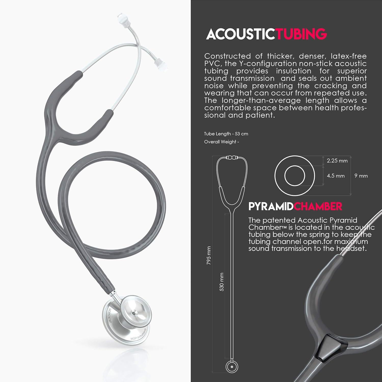 MDF Instruments, Acoustica Lightweight Stethoscope For Doctors, Nurses, Students, Home Health Use, Adult, Dual Head, Grey Tube, Silver Chestpiece-Headset, MDF747XP12,