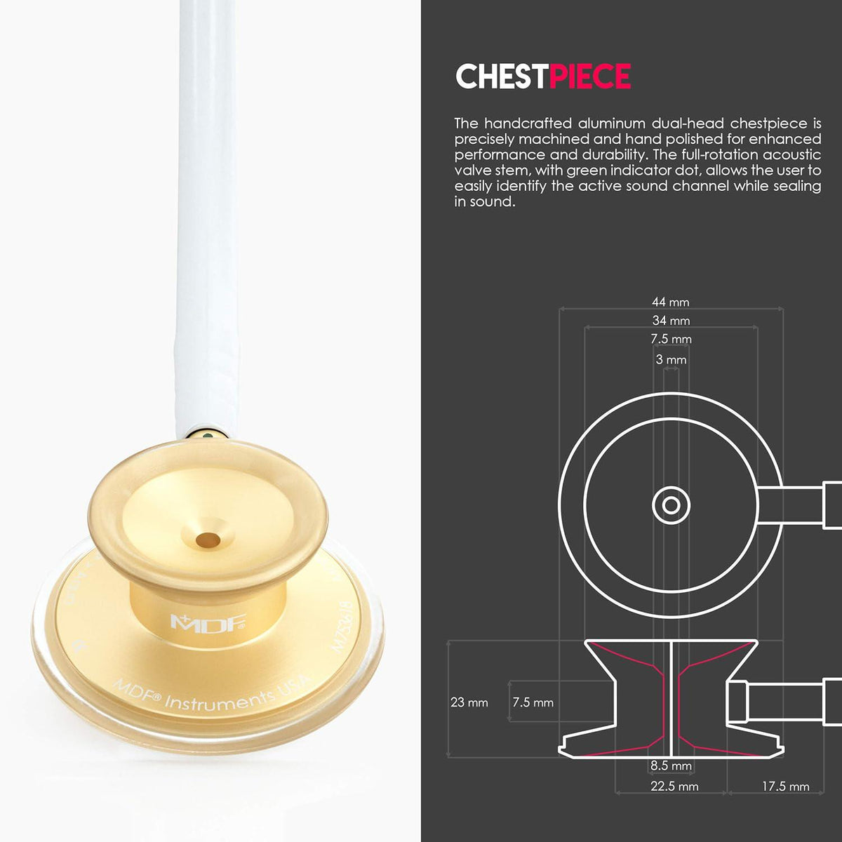 MDF Instruments, Acoustica Lightweight Stethoscope For Doctors, Nurses, Students, Home Health Use, Adult, Dual Head, White Tube, Gold Chestpiece-Headset, MDF747XPK29,