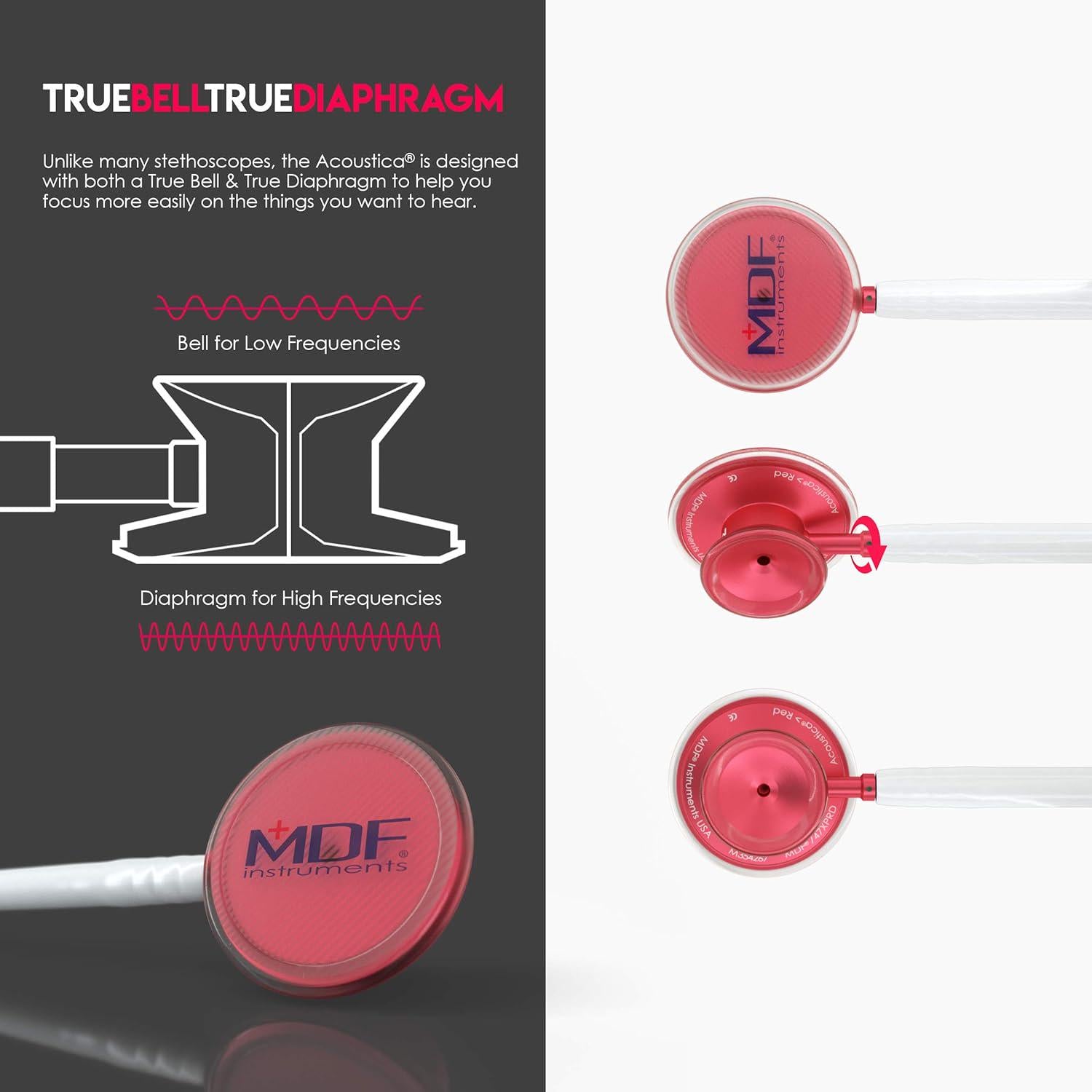 MDF Instruments, Acoustica Lightweight Stethoscope For Doctors, Nurses, Students, Home Health Use, Adult, Dual Head, White Tube, Red Chestpiece-Headset, MDF747XPR29,