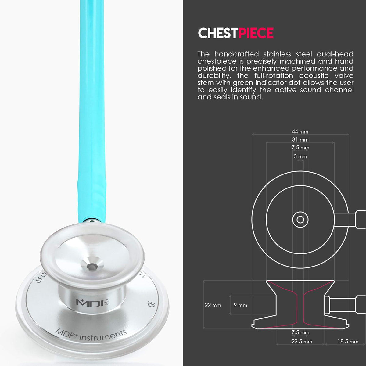 MDF Instruments, Acoustica Lightweight Stethoscope For Doctors, Nurses, Students, Home Health Use, Adult, Dual Head, Pastel Blue Tube, Silver Chestpiece-Headset, MDF747XP03,
