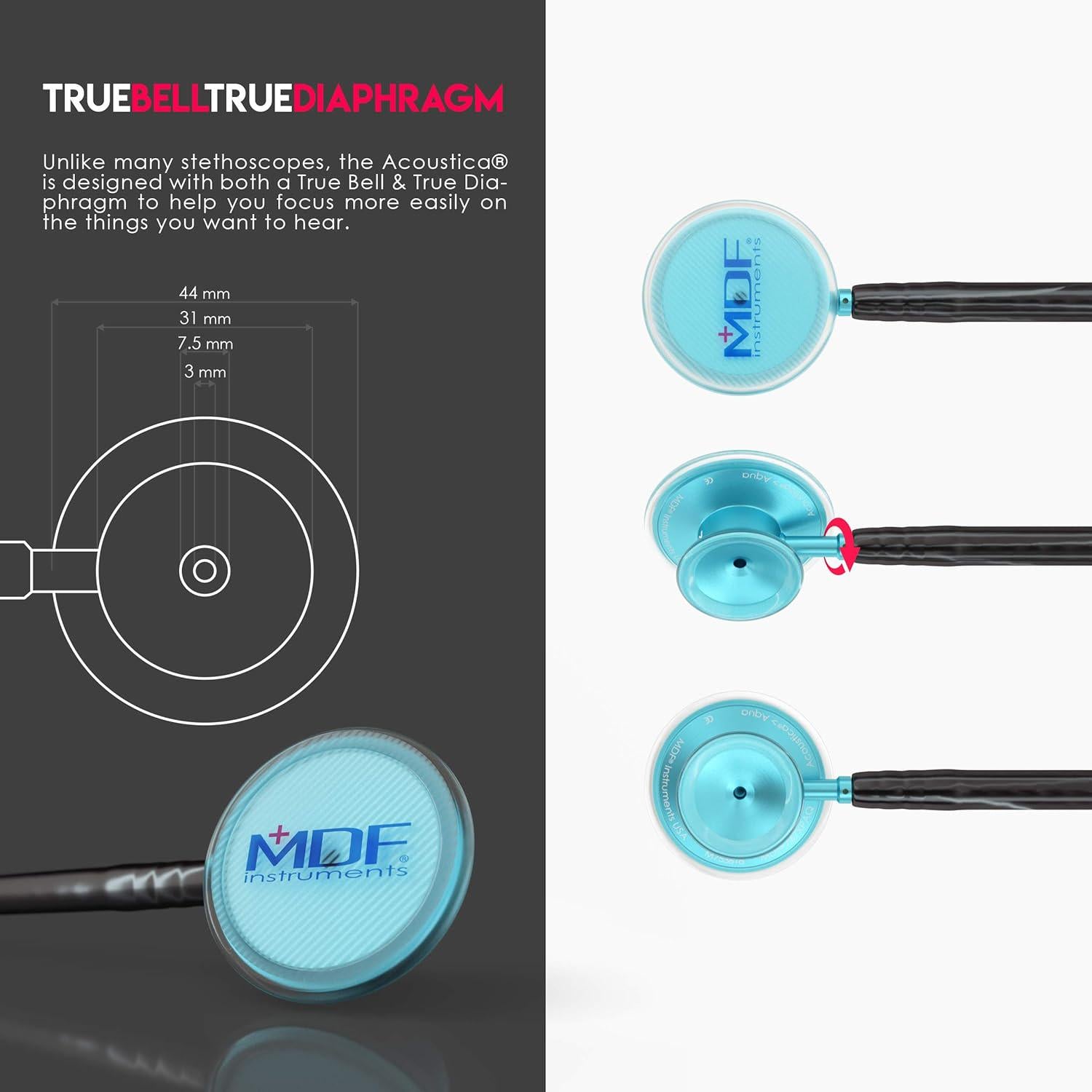 MDF Instruments, Acoustica Lightweight Stethoscope For Doctors, Nurses, Students, Home Health Use, Adult, Dual Head, Black Tube, Aqua Chestpiece-Headset, MDF747XPAQ11,