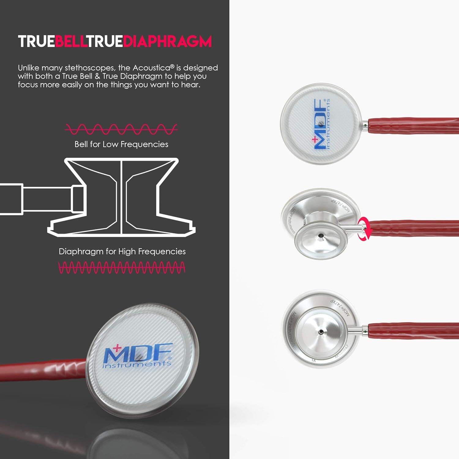 MDF Instruments, Acoustica Lightweight Stethoscope For Doctors, Nurses, Students, Home Health Use, Adult, Dual Head, Burgundy Tube, Silver Chestpiece-Headset, MDF747XP17,