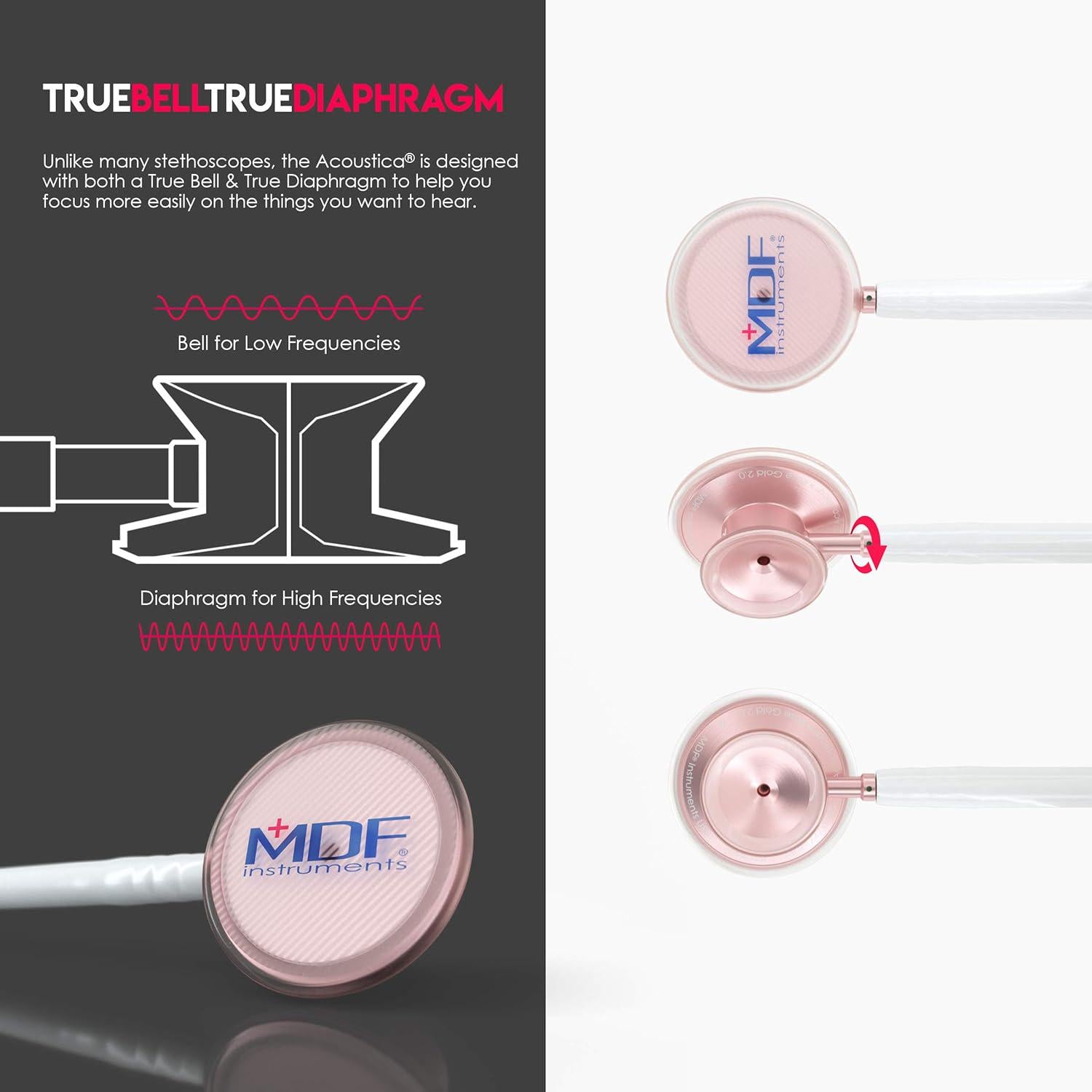 MDF Instruments, Acoustica Lightweight Stethoscope For Doctors, Nurses, Students, Home Health Use, Adult, Dual Head, White Tube, Rosegold (Matte Finish) Chestpiece-Headset, MDF747XPRG29,