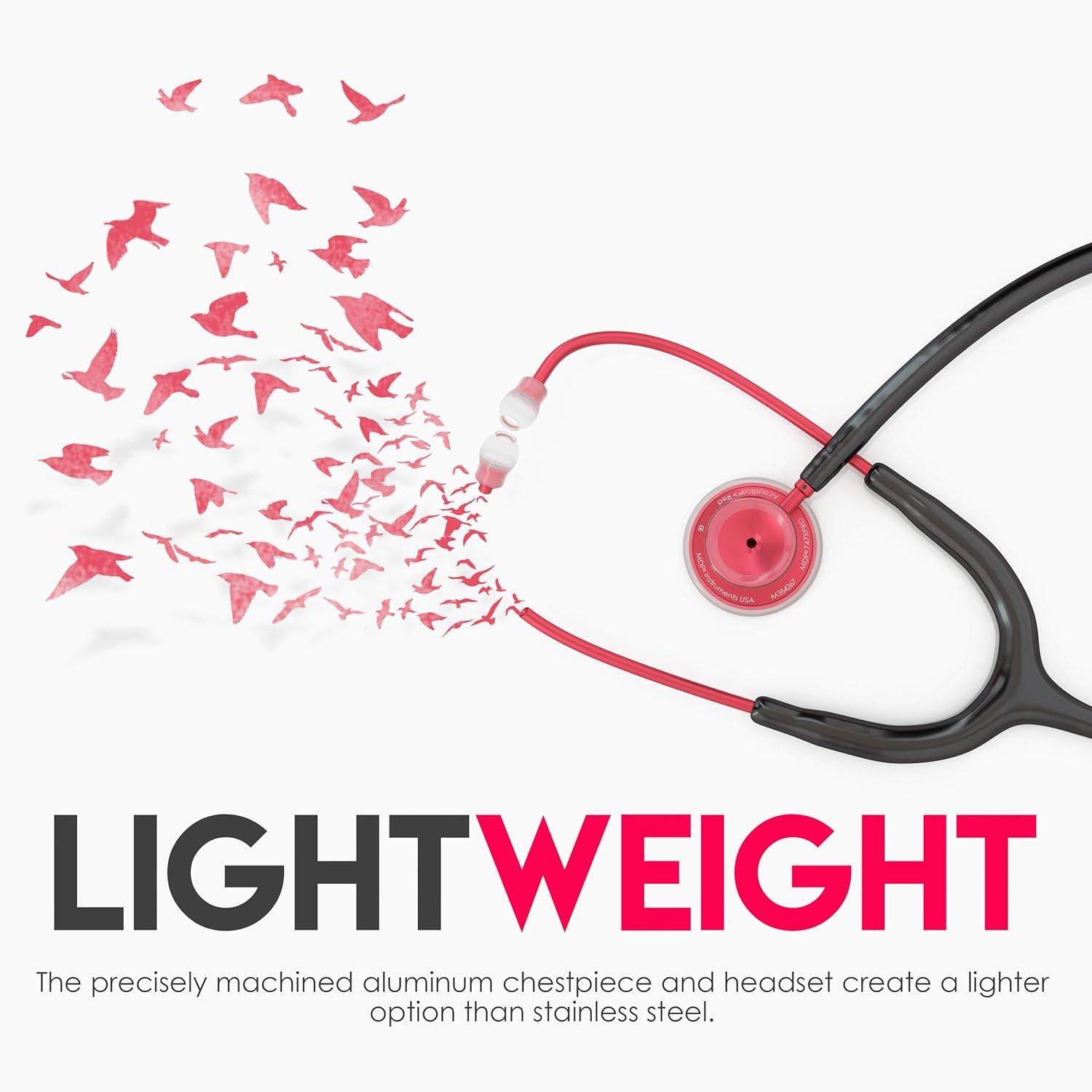 MDF Instruments, Acoustica Lightweight Stethoscope For Doctors, Nurses, Students, Home Health Use, Adult, Dual Head, Black Tube, Red Chestpiece-Headset, MDF747XPR11,