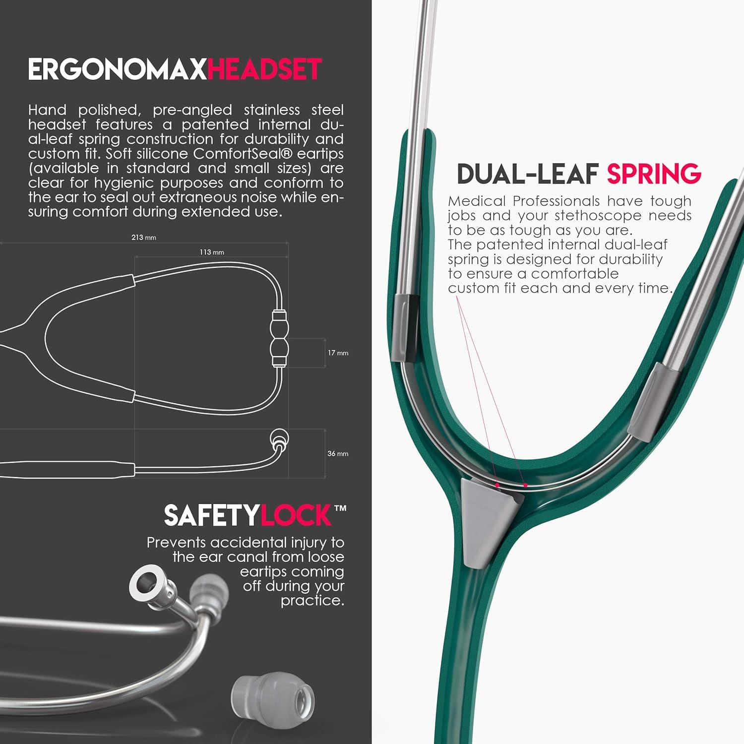 MDF Instruments, Acoustica Lightweight Stethoscope For Doctors, Nurses, Students, Home Health Use, Adult, Dual Head, Dark Green Tube, Silver Chestpiece-Headset, MDF747XP09,