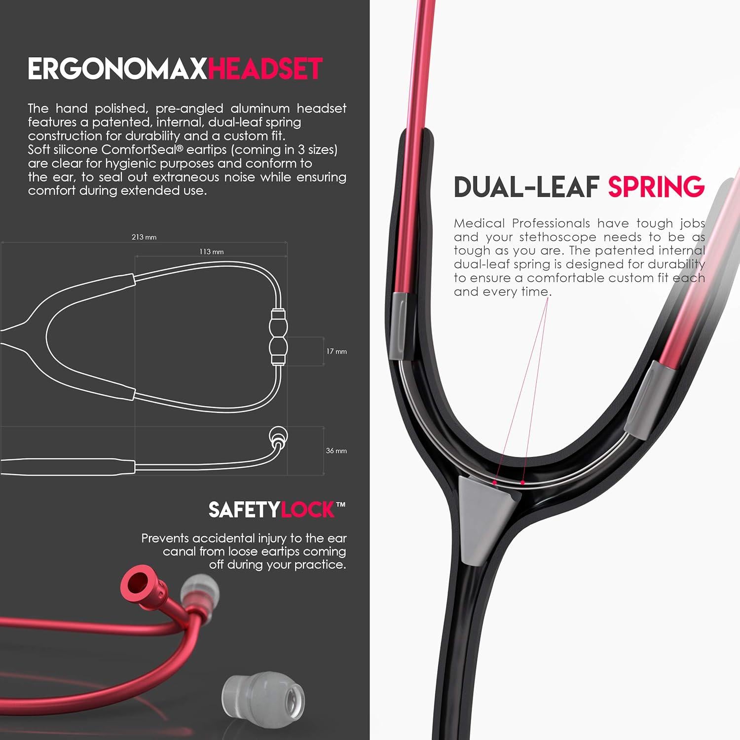 MDF Instruments, Acoustica Lightweight Stethoscope For Doctors, Nurses, Students, Home Health Use, Adult, Dual Head, Black Tube, Red Chestpiece-Headset, MDF747XPR11,