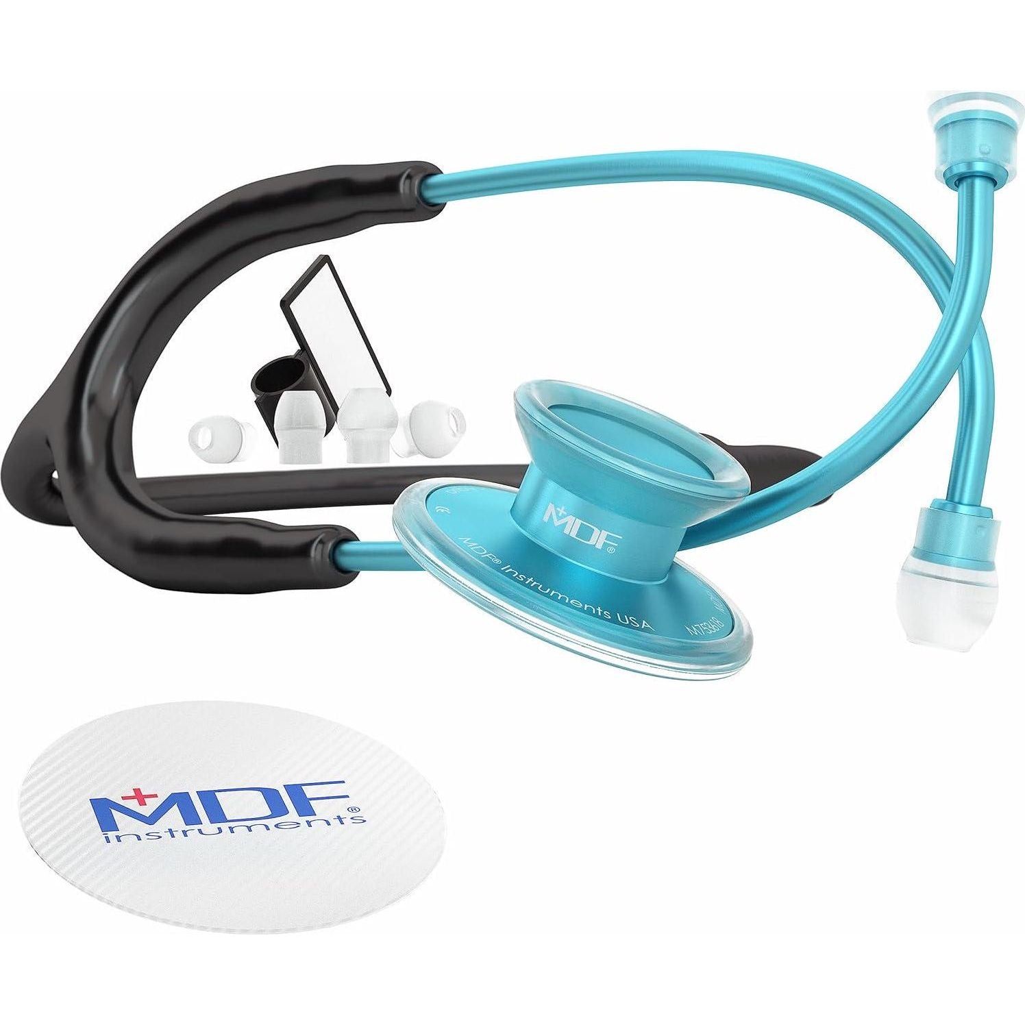 MDF Instruments, Acoustica Lightweight Stethoscope For Doctors, Nurses, Students, Home Health Use, Adult, Dual Head, Black Tube, Aqua Chestpiece-Headset, MDF747XPAQ11,