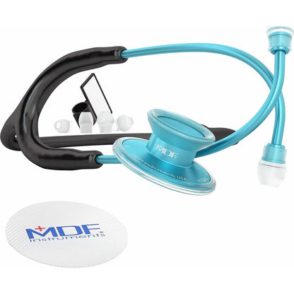 MDF Instruments, Acoustica Lightweight Stethoscope For Doctors, Nurses, Students, Home Health Use, Adult, Dual Head, Black Tube, Aqua Chestpiece-Headset, MDF747XPAQ11,
