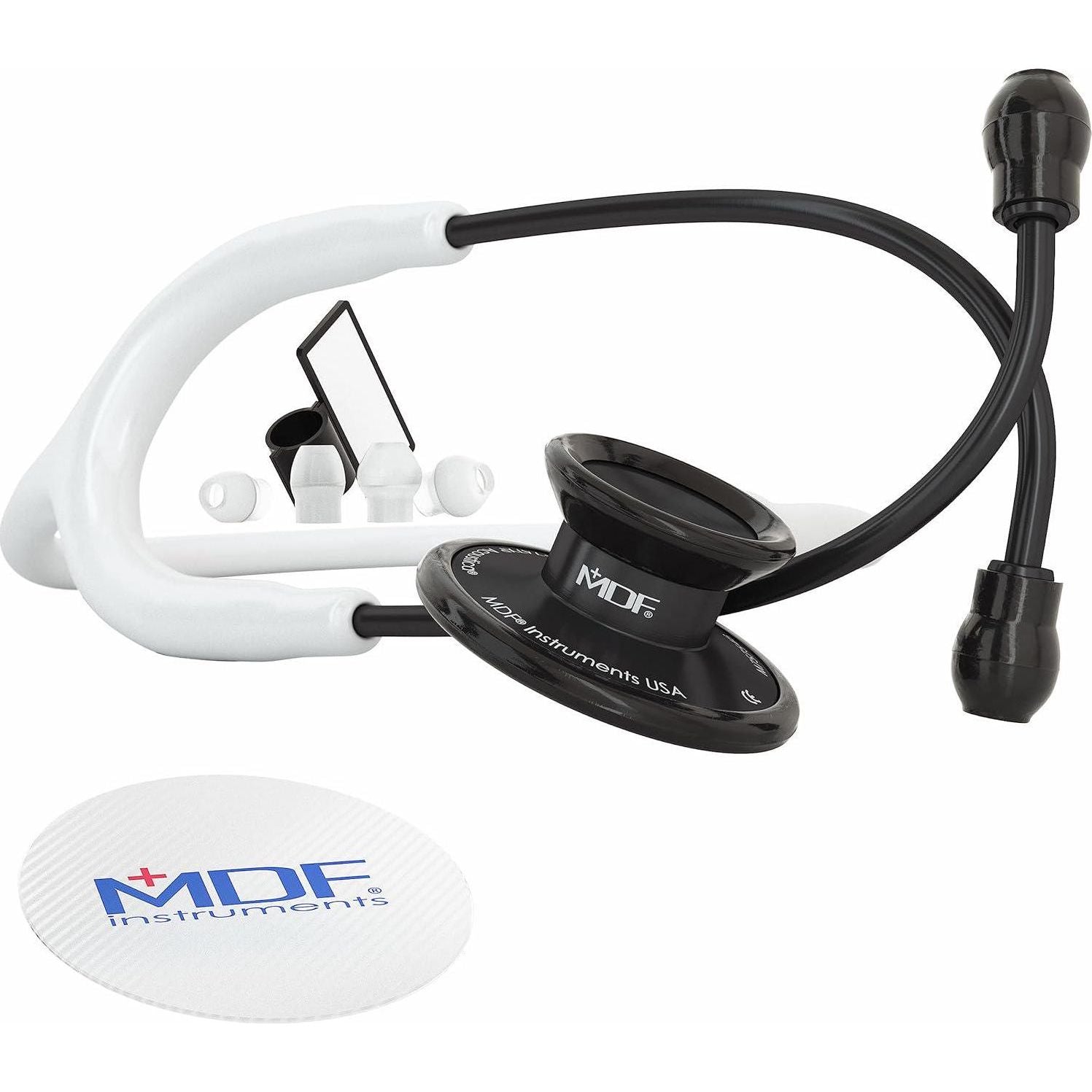MDF Instruments, Acoustica Lightweight Stethoscope For Doctors, Nurses, Students, Home Health Use, Adult, Dual Head, White Tube, Black Chestpiece-Headset, MDF747XPBO29,
