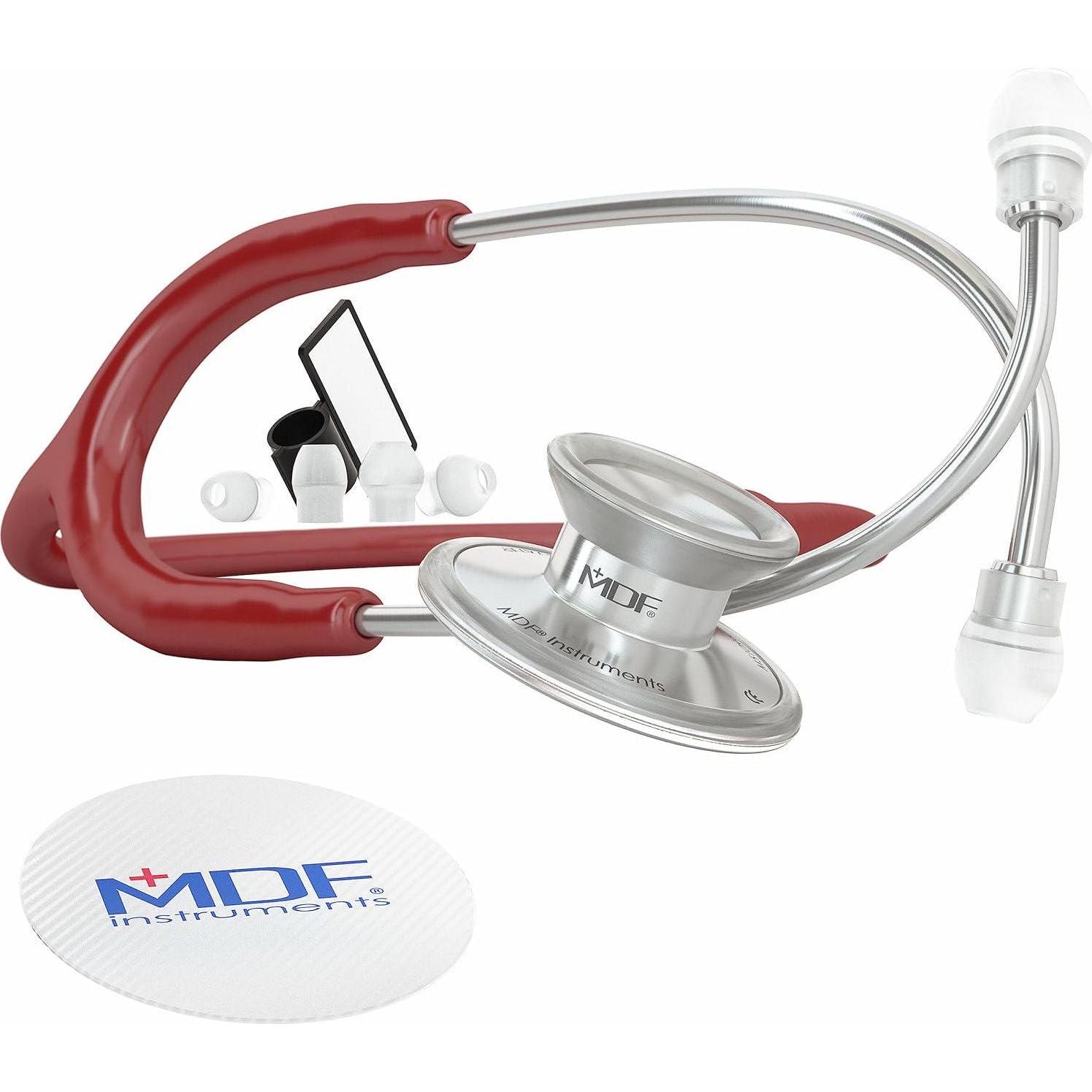 MDF Instruments, Acoustica Lightweight Stethoscope For Doctors, Nurses, Students, Home Health Use, Adult, Dual Head, Burgundy Tube, Silver Chestpiece-Headset, MDF747XP17,