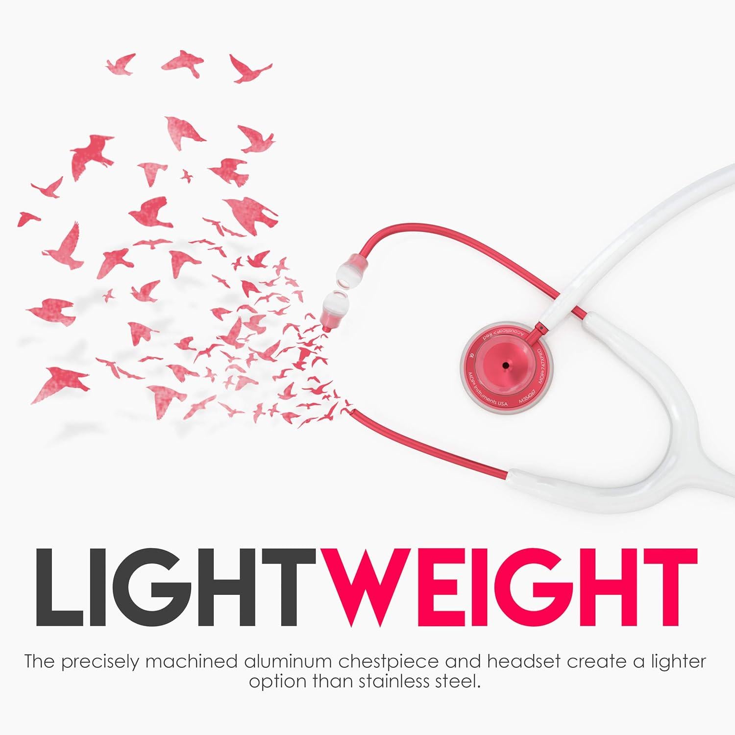 MDF Instruments, Acoustica Lightweight Stethoscope For Doctors, Nurses, Students, Home Health Use, Adult, Dual Head, White Tube, Red Chestpiece-Headset, MDF747XPR29,