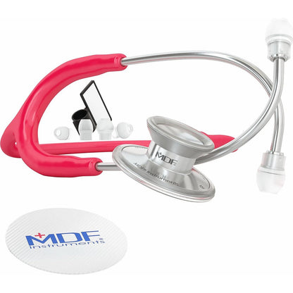 MDF Instruments, Acoustica Lightweight Stethoscope For Doctors, Nurses, Students, Home Health Use, Adult, Dual Head, Raspberry Tube, Silver Chestpiece-Headset, MDF747XP23,