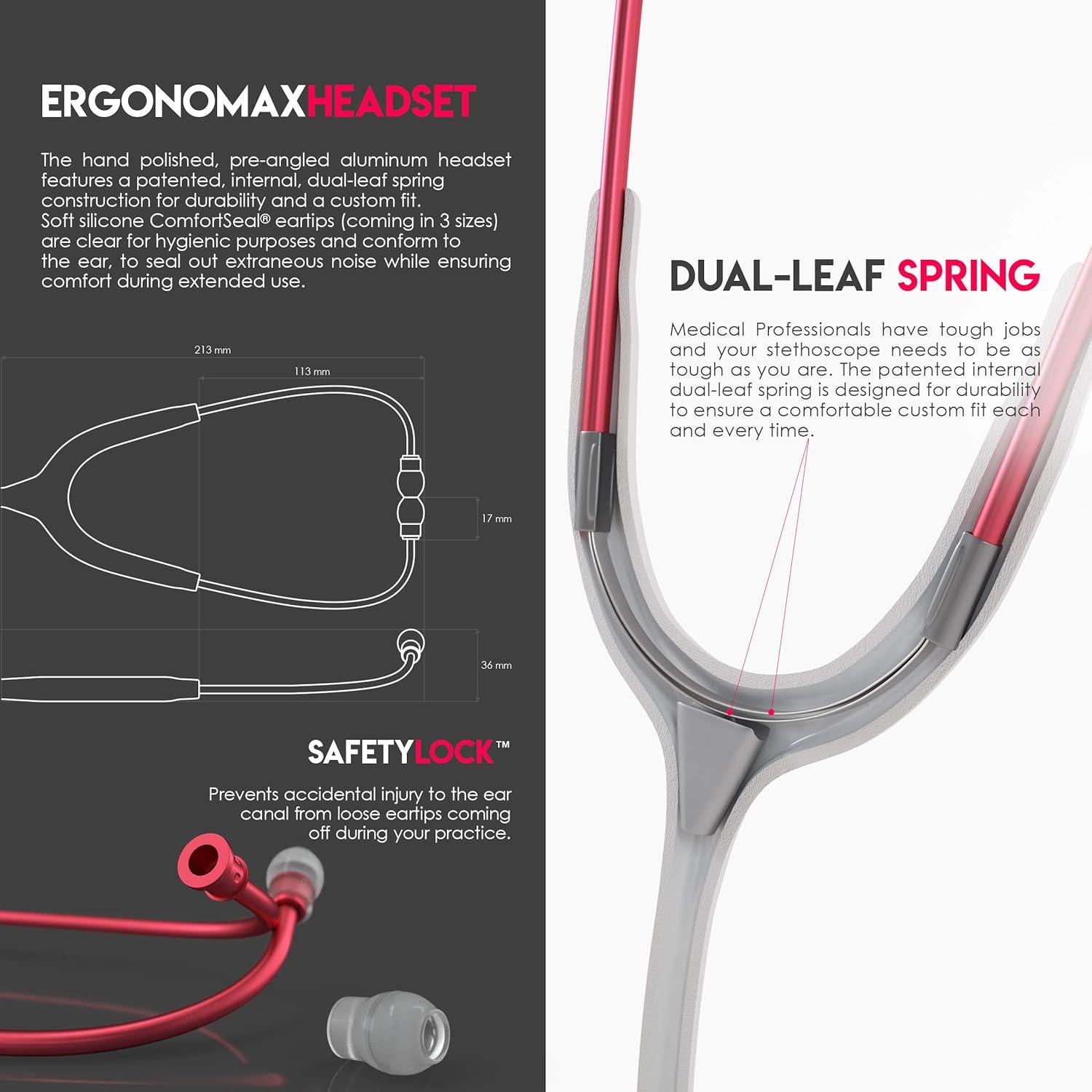 MDF Instruments, Acoustica Lightweight Stethoscope For Doctors, Nurses, Students, Home Health Use, Adult, Dual Head, White Tube, Red Chestpiece-Headset, MDF747XPR29,