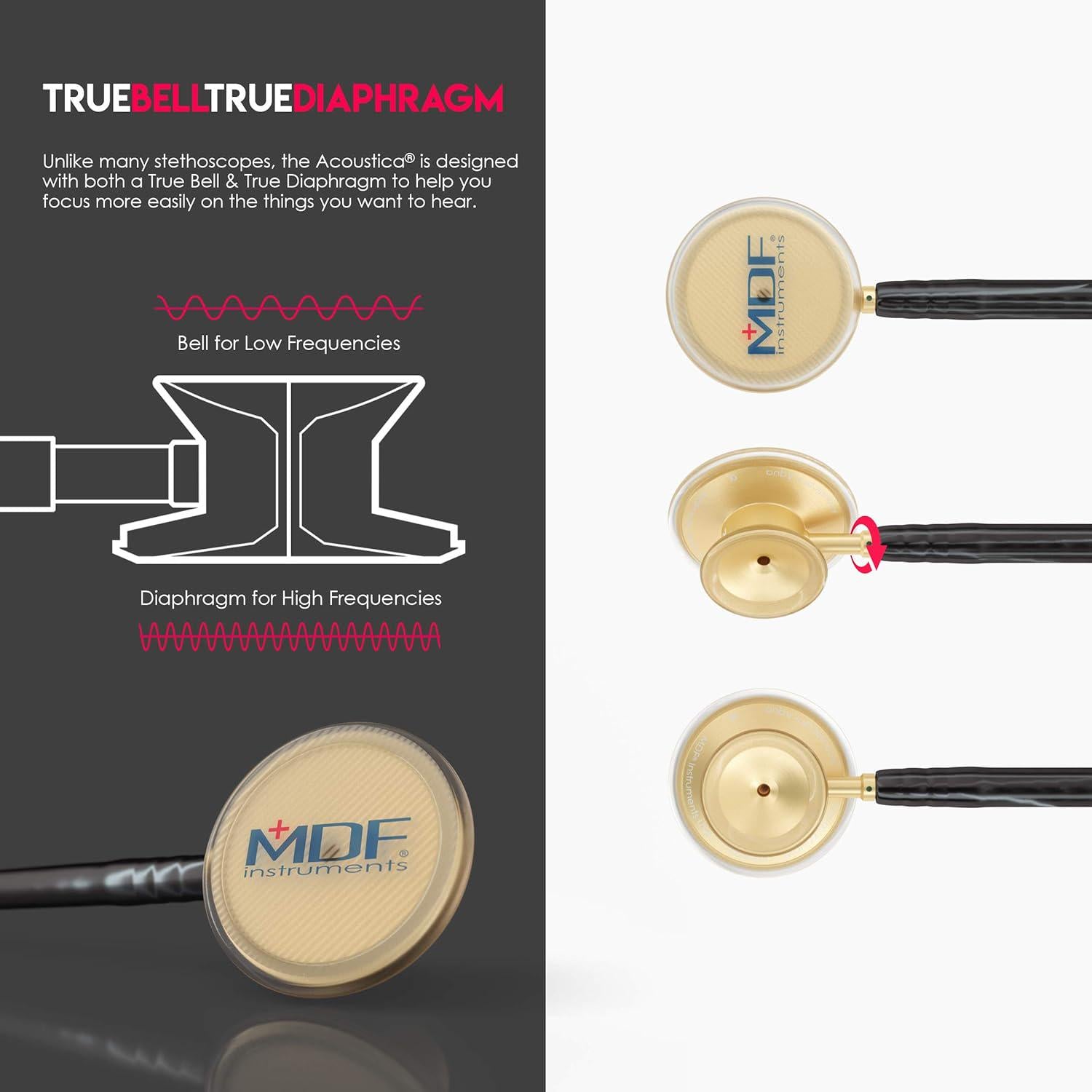 MDF Instruments, Acoustica Lightweight Stethoscope For Doctors, Nurses, Students, Home Health Use, Adult, Dual Head, Black Tube, Gold Chestpiece-Headset, MDF747XPK11,