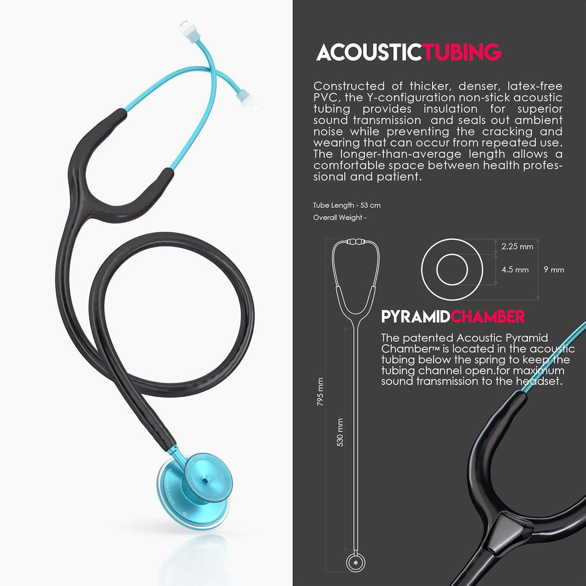 MDF Instruments, Acoustica Lightweight Stethoscope For Doctors, Nurses, Students, Home Health Use, Adult, Dual Head, Black Tube, Aqua Chestpiece-Headset, MDF747XPAQ11,