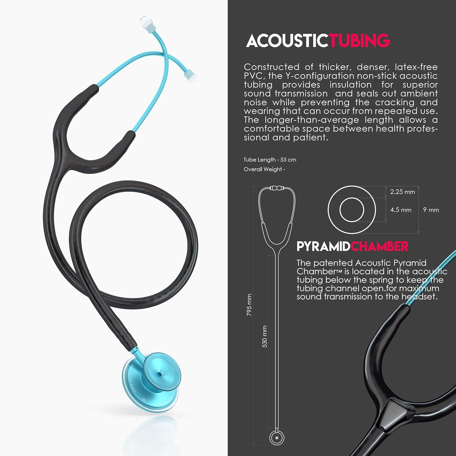 MDF Instruments, Acoustica Lightweight Stethoscope For Doctors, Nurses, Students, Home Health Use, Adult, Dual Head, Black Tube, Aqua Chestpiece-Headset, MDF747XPAQ11,