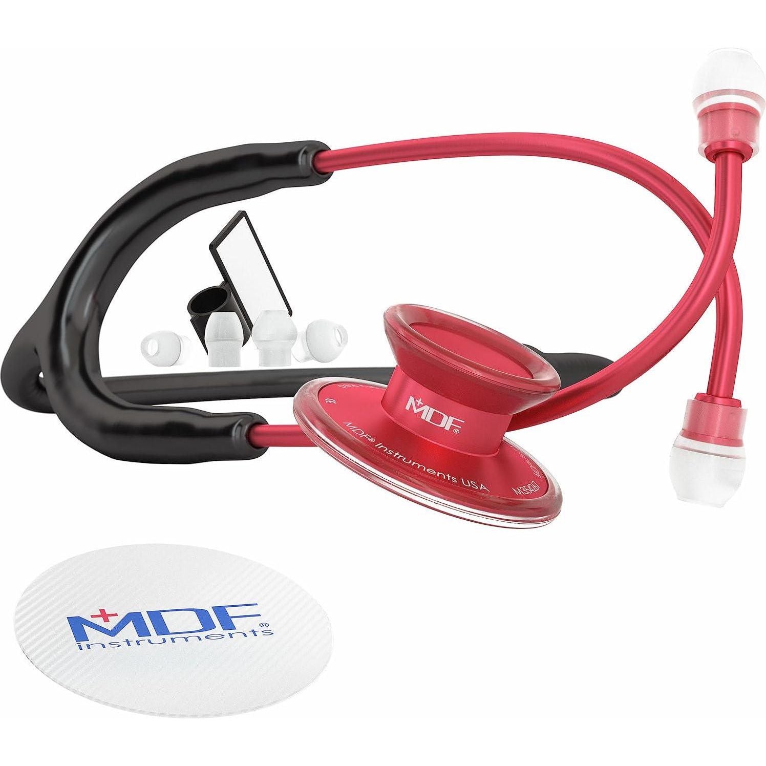 MDF Instruments, Acoustica Lightweight Stethoscope For Doctors, Nurses, Students, Home Health Use, Adult, Dual Head, Black Tube, Red Chestpiece-Headset, MDF747XPR11,