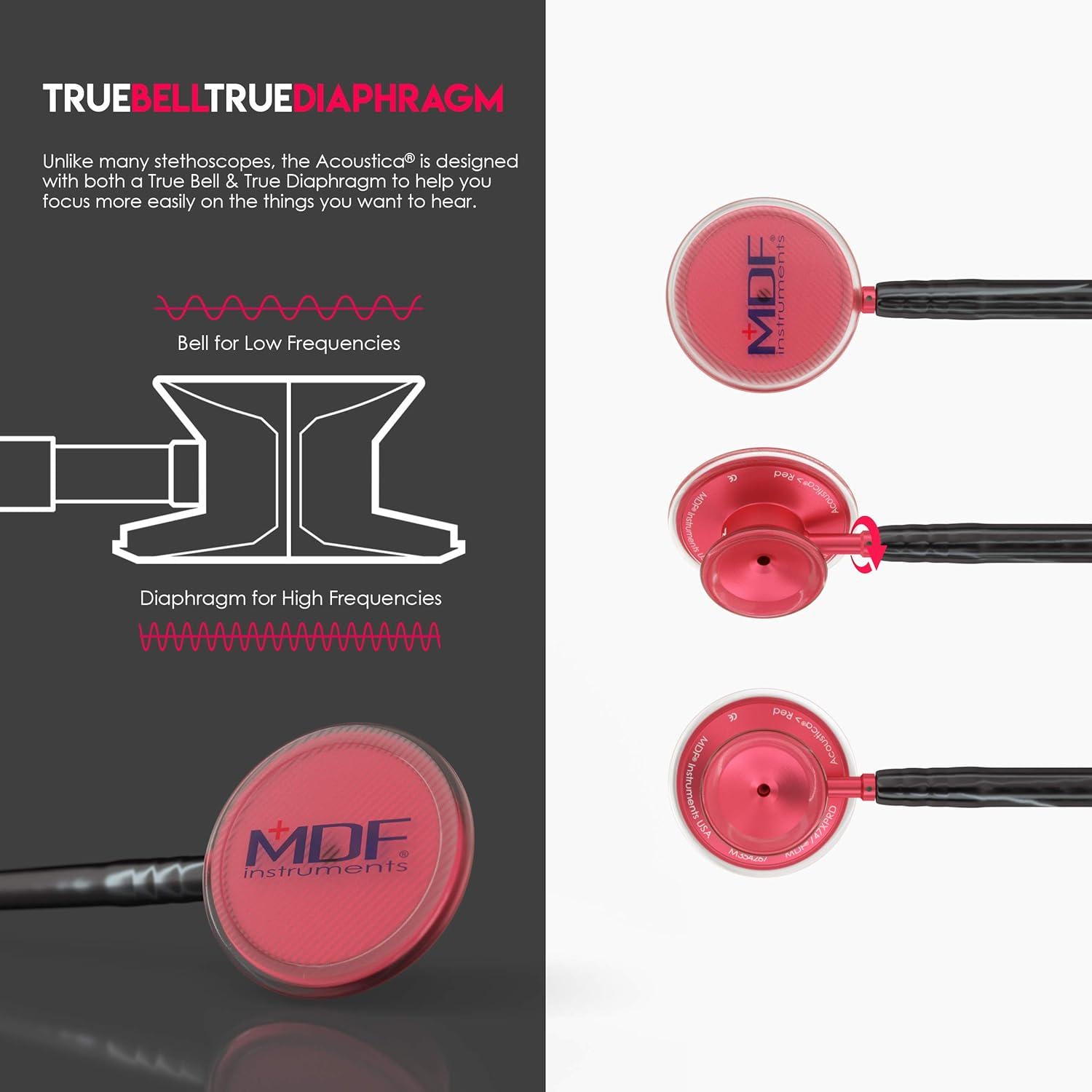 MDF Instruments, Acoustica Lightweight Stethoscope For Doctors, Nurses, Students, Home Health Use, Adult, Dual Head, Black Tube, Red Chestpiece-Headset, MDF747XPR11,