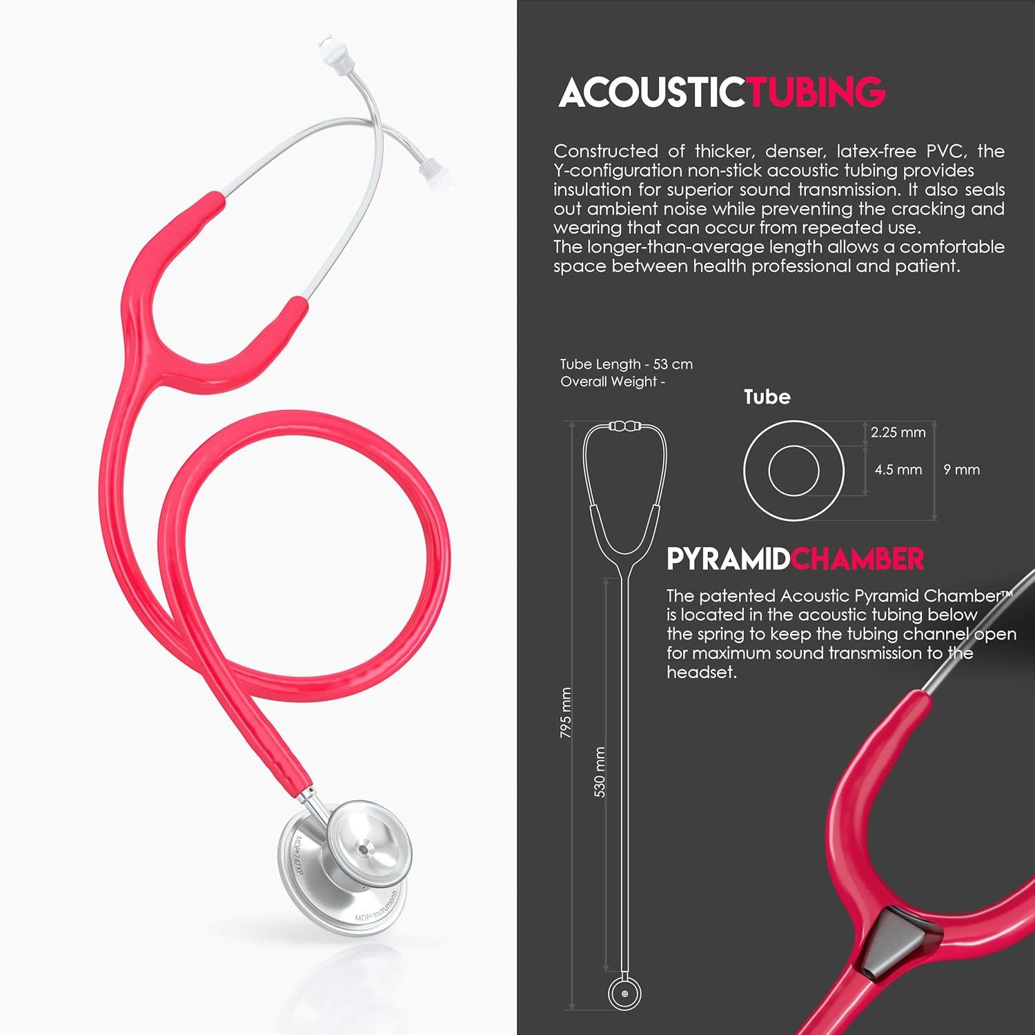 MDF Instruments, Acoustica Lightweight Stethoscope For Doctors, Nurses, Students, Home Health Use, Adult, Dual Head, Raspberry Tube, Silver Chestpiece-Headset, MDF747XP23,