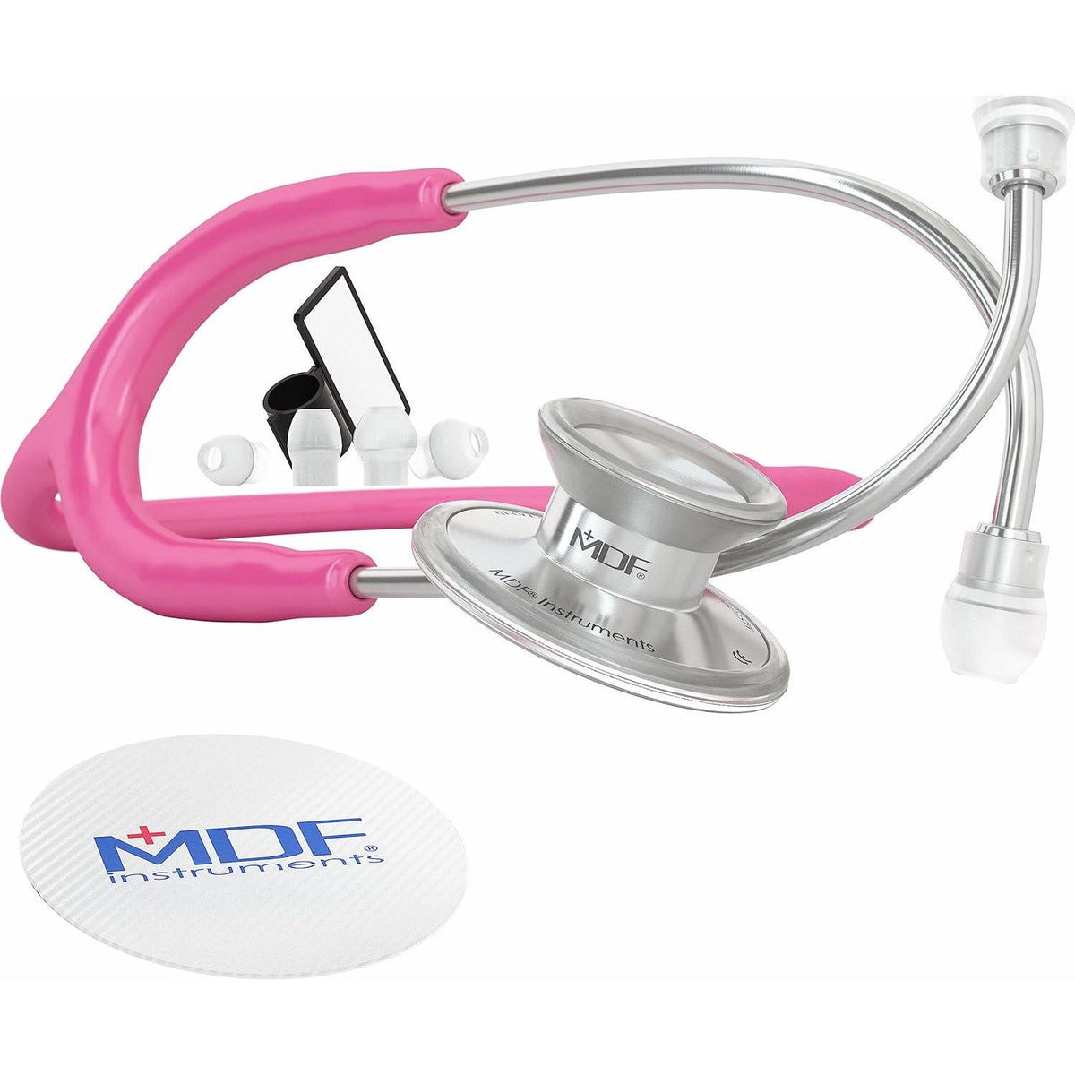 MDF Instruments, Acoustica Lightweight Stethoscope For Doctors, Nurses, Students, Home Health Use, Adult, Dual Head, Fuchsia Tube, Silver Chestpiece-Headset, MDF747XP32,