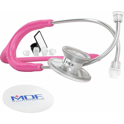 MDF Instruments, Acoustica Lightweight Stethoscope For Doctors, Nurses, Students, Home Health Use, Adult, Dual Head, Fuchsia Tube, Silver Chestpiece-Headset, MDF747XP32,