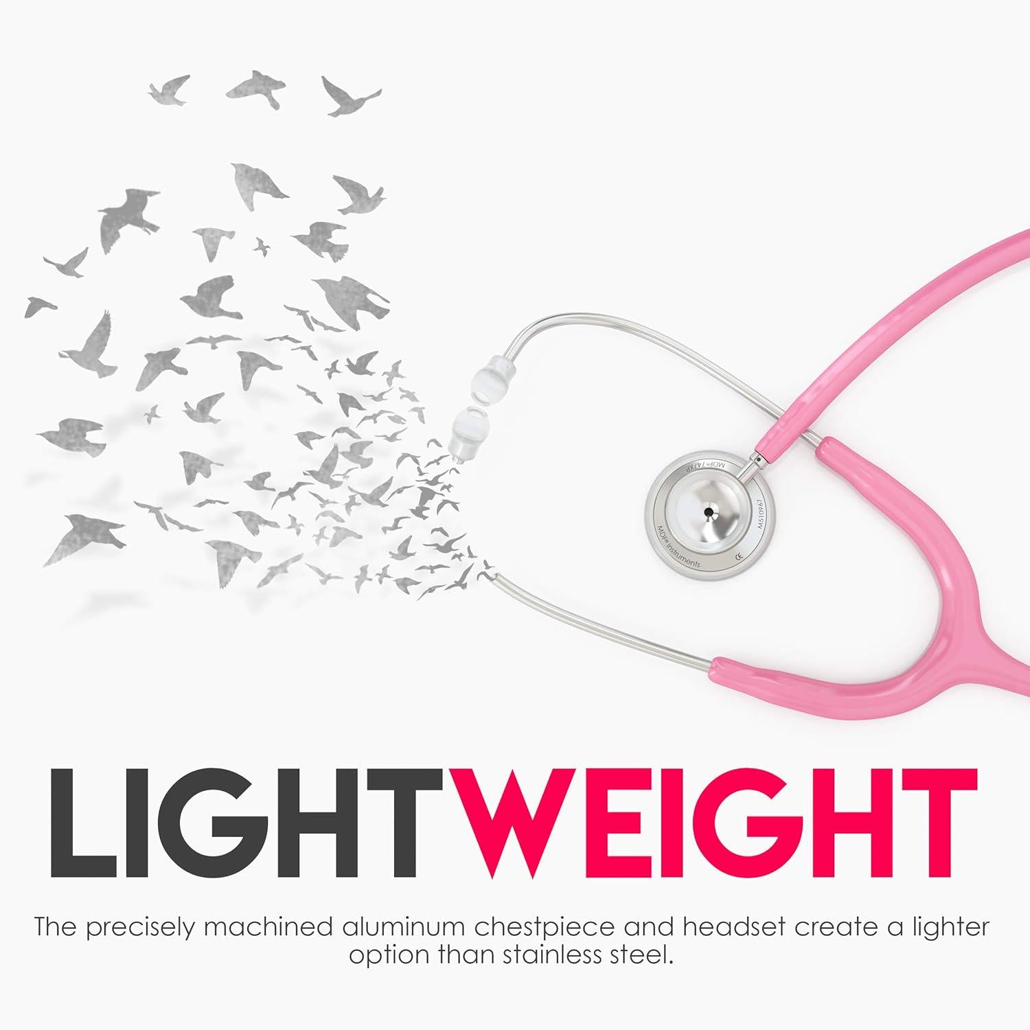 MDF Instruments, Acoustica Lightweight Stethoscope For Doctors, Nurses, Students, Home Health Use, Adult, Dual Head, Pink Tube, Silver Chestpiece-Headset, MDF747XP01,