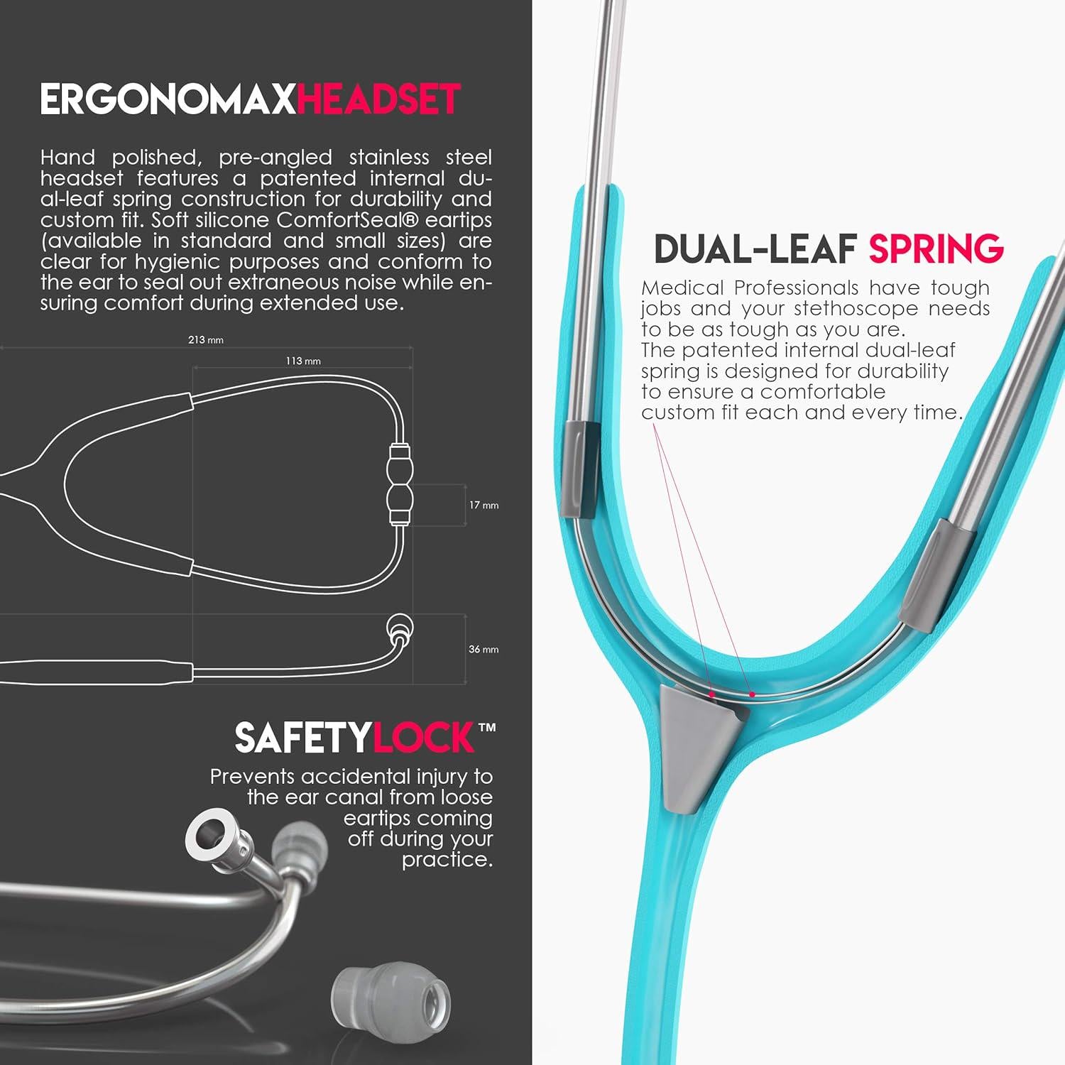 MDF Instruments, Acoustica Lightweight Stethoscope For Doctors, Nurses, Students, Home Health Use, Adult, Dual Head, Pastel Blue Tube, Silver Chestpiece-Headset, MDF747XP03,