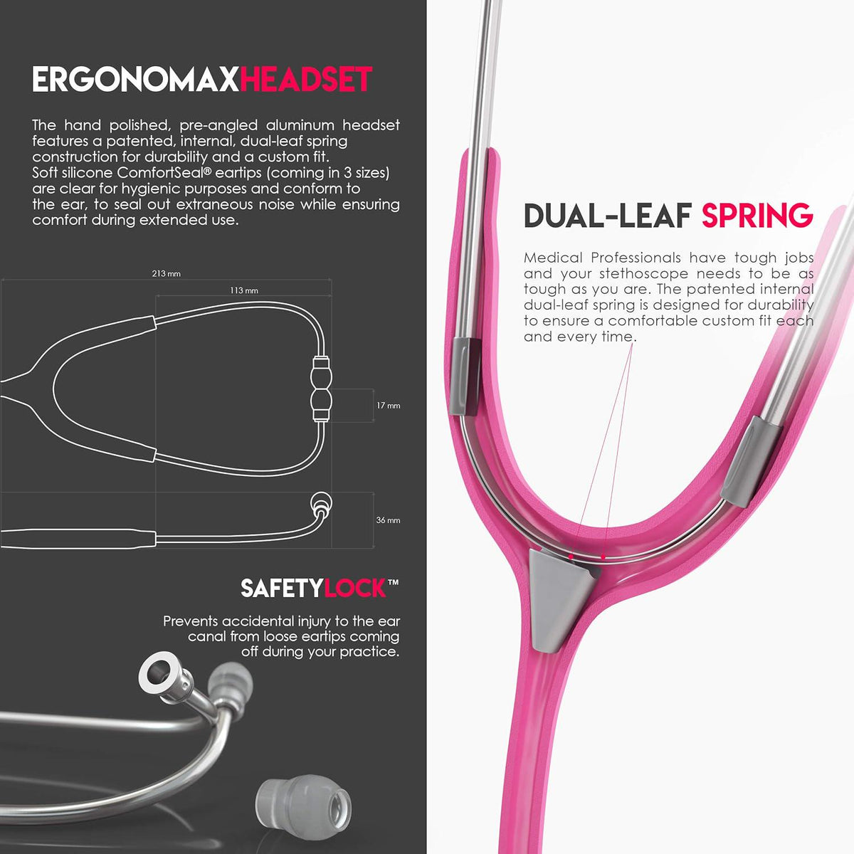 MDF Instruments, Acoustica Lightweight Stethoscope For Doctors, Nurses, Students, Home Health Use, Adult, Dual Head, Fuchsia Tube, Silver Chestpiece-Headset, MDF747XP32,