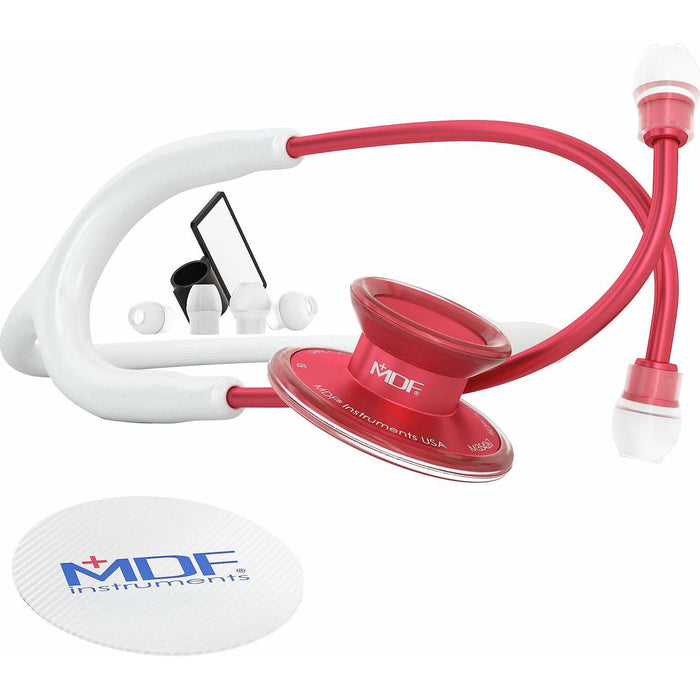 MDF Instruments Acoustica Lightweight Stethoscope for Doctors, Nurses & Students, Adult Dual Head, White Tube & Red Chestpiece, MDF747XPR29