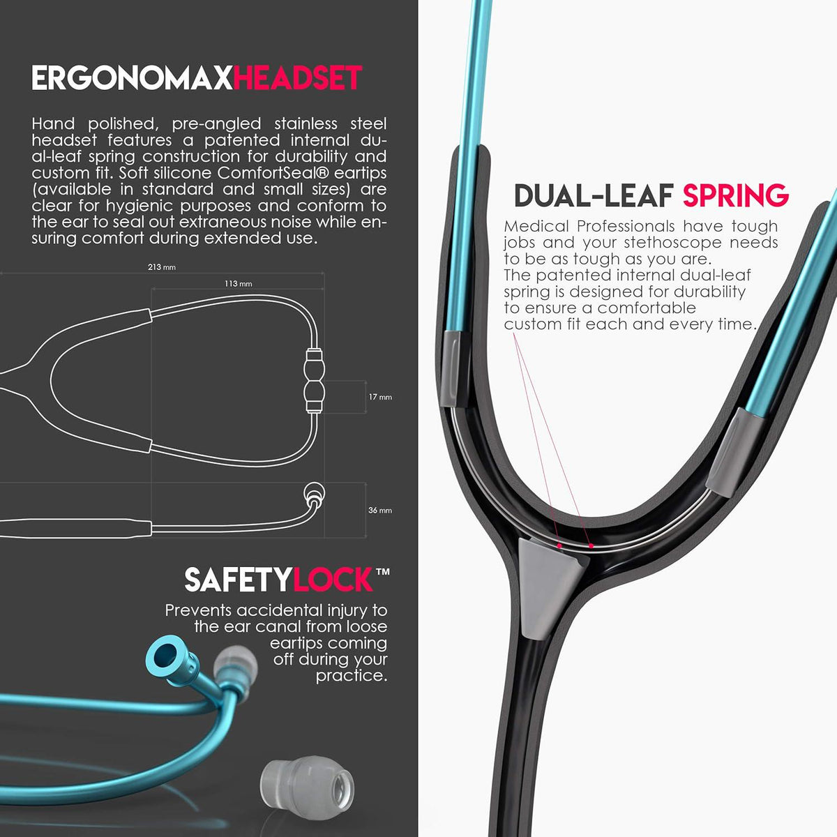 MDF Instruments, Acoustica Lightweight Stethoscope For Doctors, Nurses, Students, Home Health Use, Adult, Dual Head, Black Tube, Aqua Chestpiece-Headset, MDF747XPAQ11,