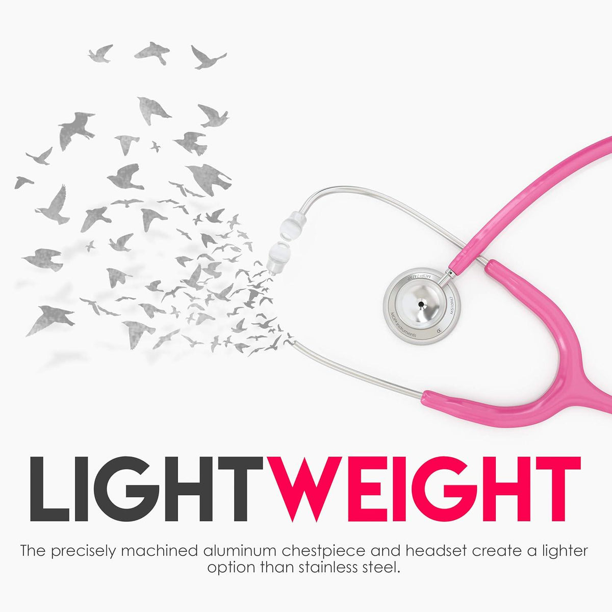 MDF Instruments, Acoustica Lightweight Stethoscope For Doctors, Nurses, Students, Home Health Use, Adult, Dual Head, Fuchsia Tube, Silver Chestpiece-Headset, MDF747XP32,