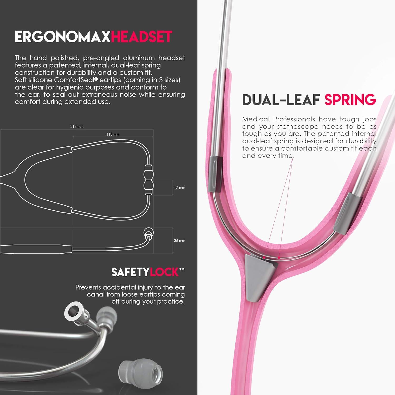 MDF Instruments, Acoustica Lightweight Stethoscope For Doctors, Nurses, Students, Home Health Use, Adult, Dual Head, Pink Tube, Silver Chestpiece-Headset, MDF747XP01,