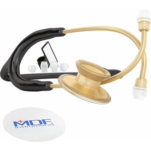 MDF Instruments, Acoustica Lightweight Stethoscope For Doctors, Nurses, Students, Home Health Use, Adult, Dual Head, Black Tube, Gold Chestpiece-Headset, MDF747XPK11,