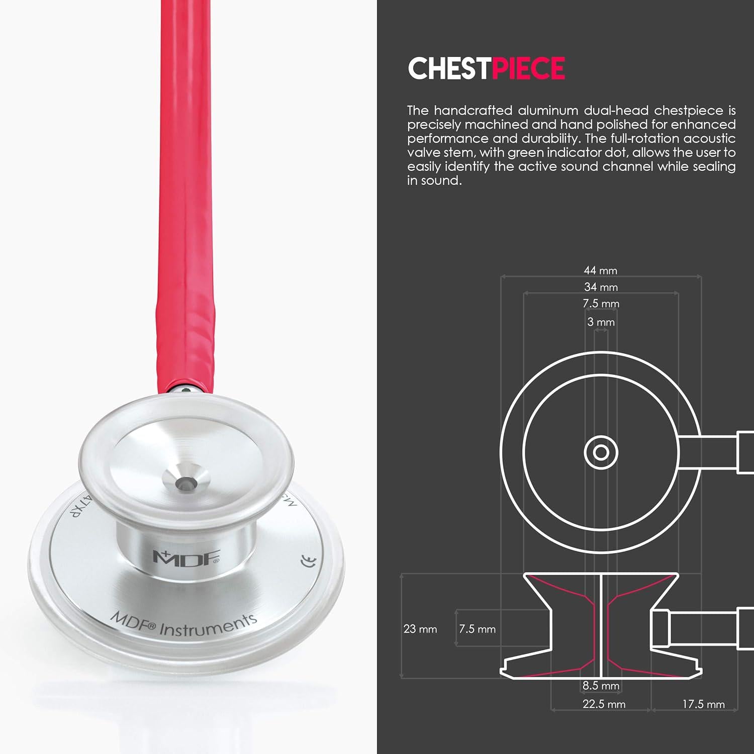 MDF Instruments, Acoustica Lightweight Stethoscope For Doctors, Nurses, Students, Home Health Use, Adult, Dual Head, Raspberry Tube, Silver Chestpiece-Headset, MDF747XP23,